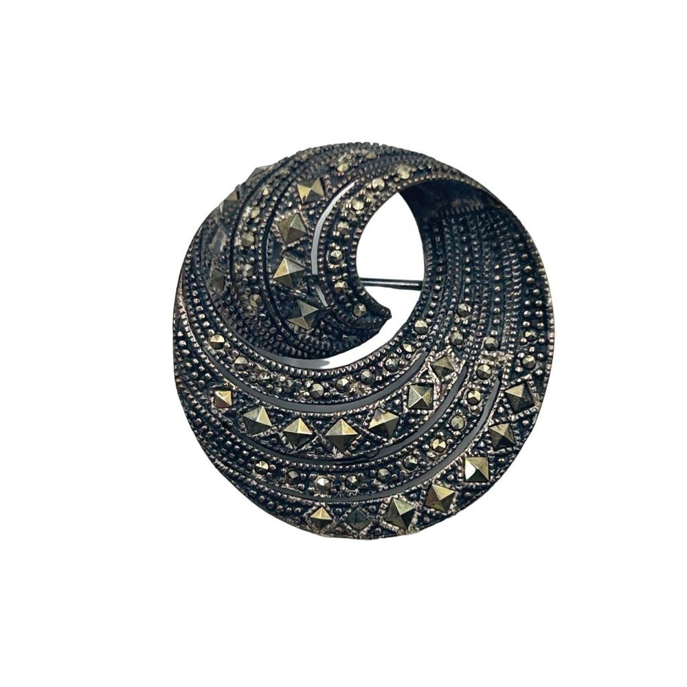Vintage Sterling Silver & Marcasite Pin Brooch Round Waved Spiral Marked A 925